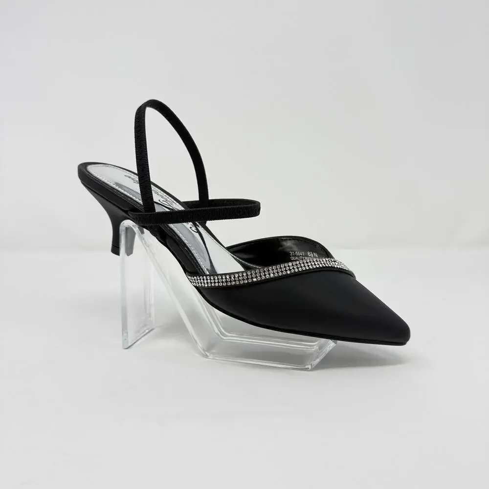 Easy Street Unna Slingback Pumps Black Satin Rhinestone Kitten Heel Women’s 6.5N